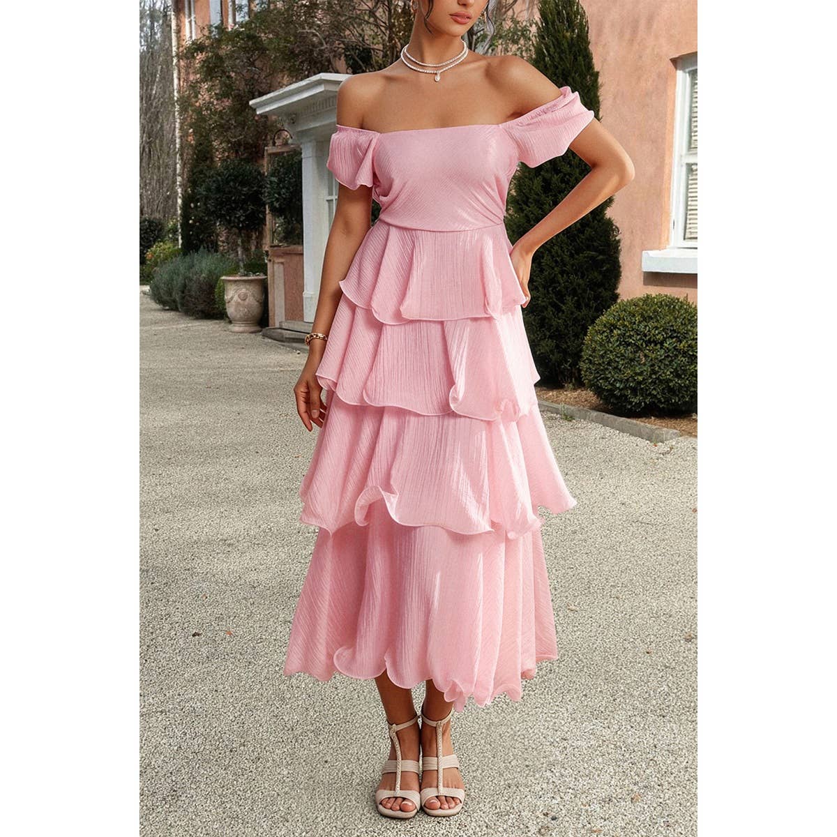 Off Shoulder Puff Short Sleeves Tiered Dress - MVTFASHION.COM