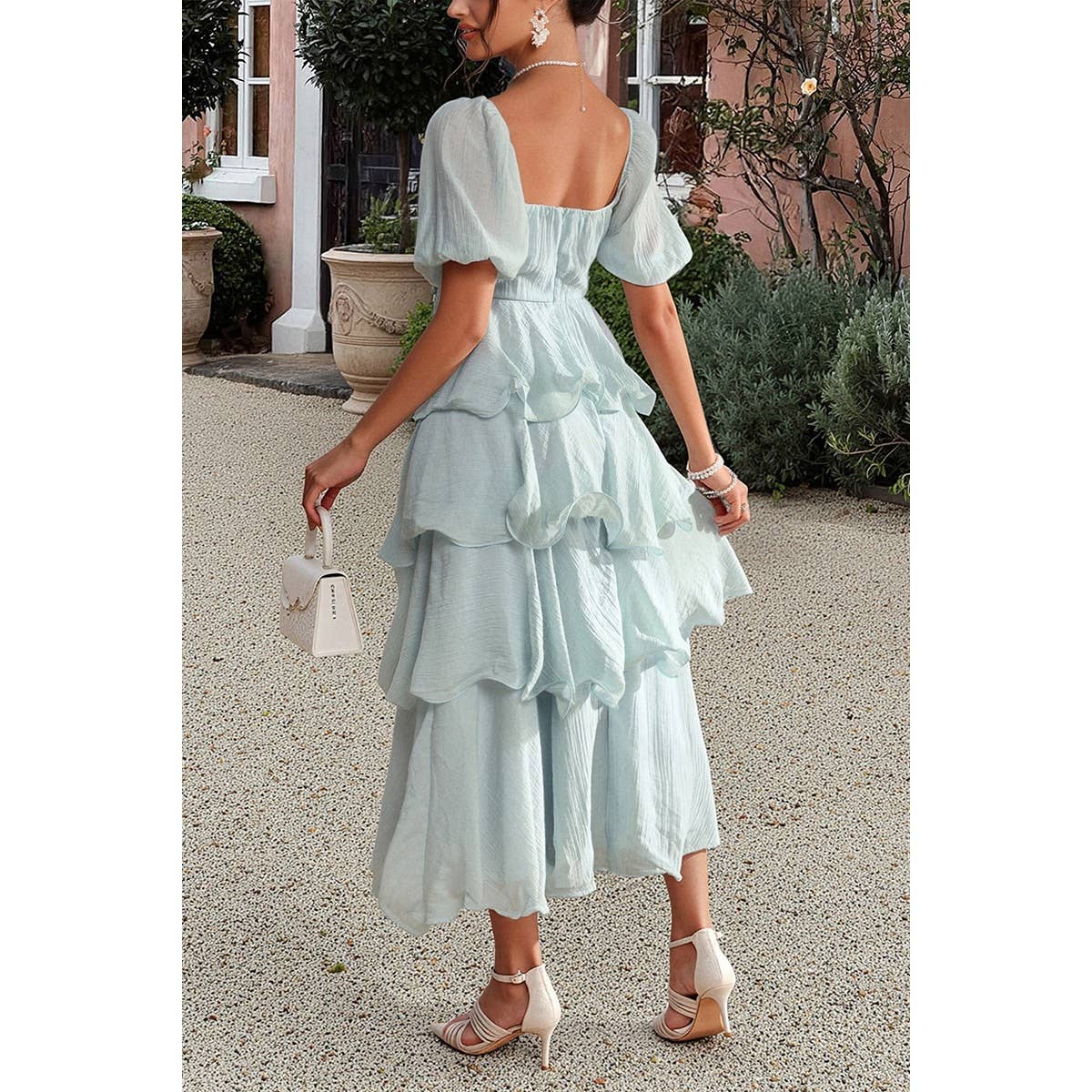 Off Shoulder Puff Short Sleeves Tiered Dress - MVTFASHION.COM