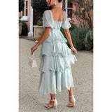Off Shoulder Puff Short Sleeves Tiered Dress - MVTFASHION.COM