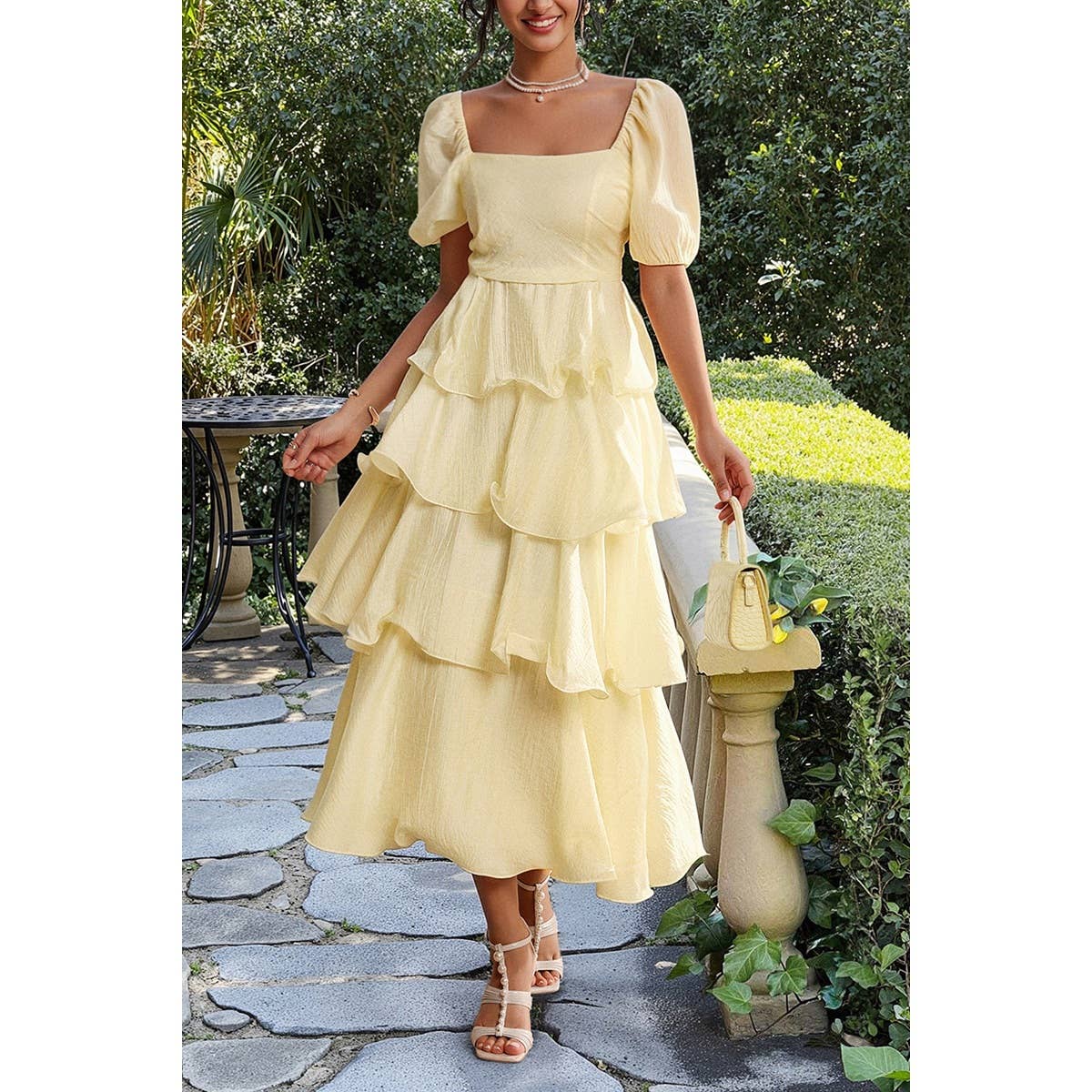 Off Shoulder Puff Short Sleeves Tiered Dress - MVTFASHION.COM