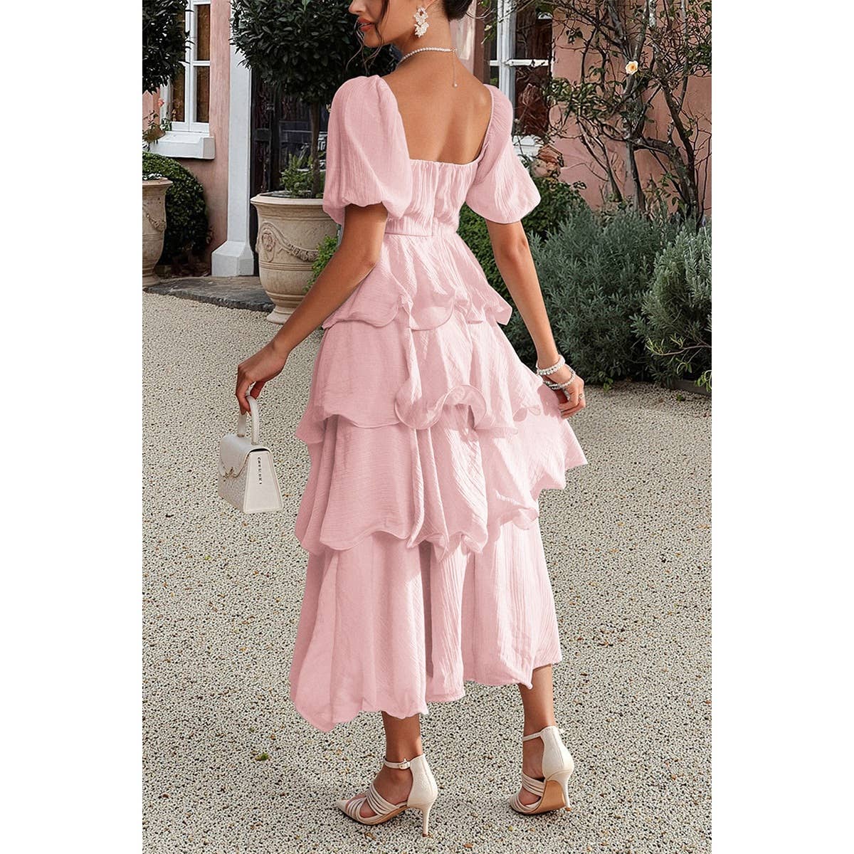 Off Shoulder Puff Short Sleeves Tiered Dress - MVTFASHION.COM