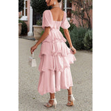 Off Shoulder Puff Short Sleeves Tiered Dress - MVTFASHION.COM