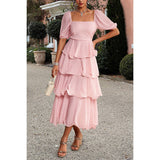 Off Shoulder Puff Short Sleeves Tiered Dress - MVTFASHION.COM