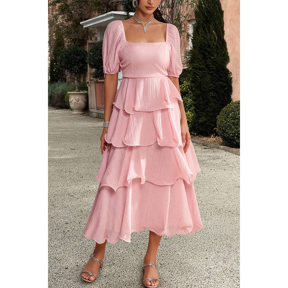 Off Shoulder Puff Short Sleeves Tiered Dress - MVTFASHION.COM