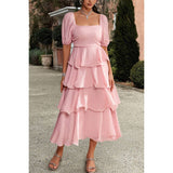 Off Shoulder Puff Short Sleeves Tiered Dress - MVTFASHION.COM