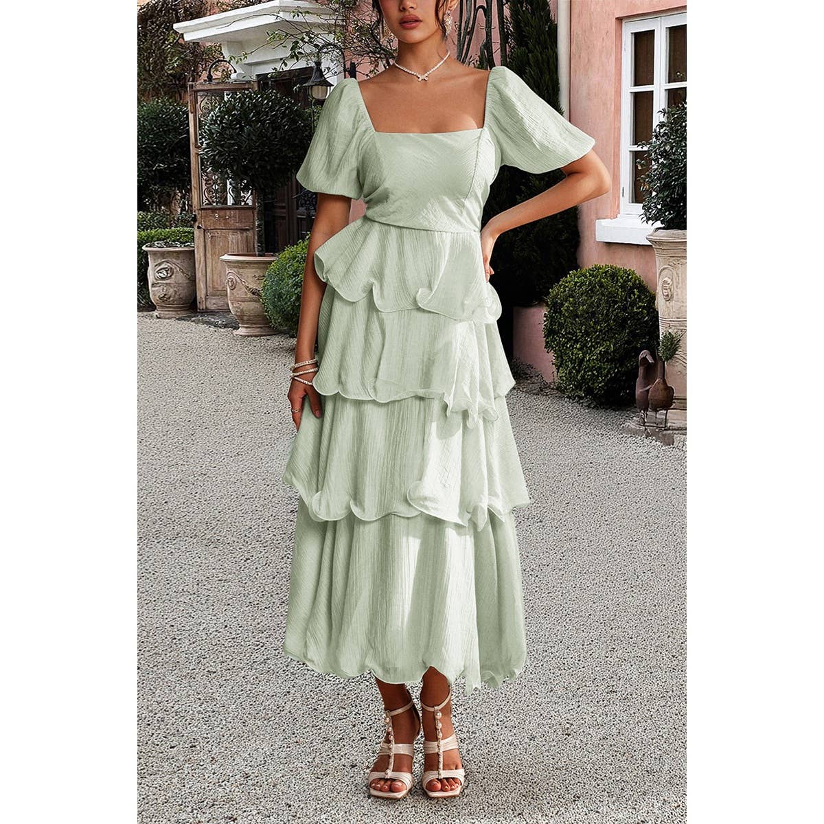 Off Shoulder Puff Short Sleeves Tiered Dress - MVTFASHION.COM