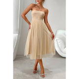 Off Shoulder Ruched Back Knot Zipper Pleated Dress - MVTFASHION.COM