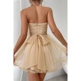 Off Shoulder Ruched Knot Zipper Pleated Short Dress - MVTFASHION.COM