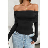 Off Shoulder Ruched Solid Elastic Fit Top - MVTFASHION.COM