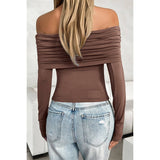 Off Shoulder Ruched Solid Elastic Fit Top - MVTFASHION.COM