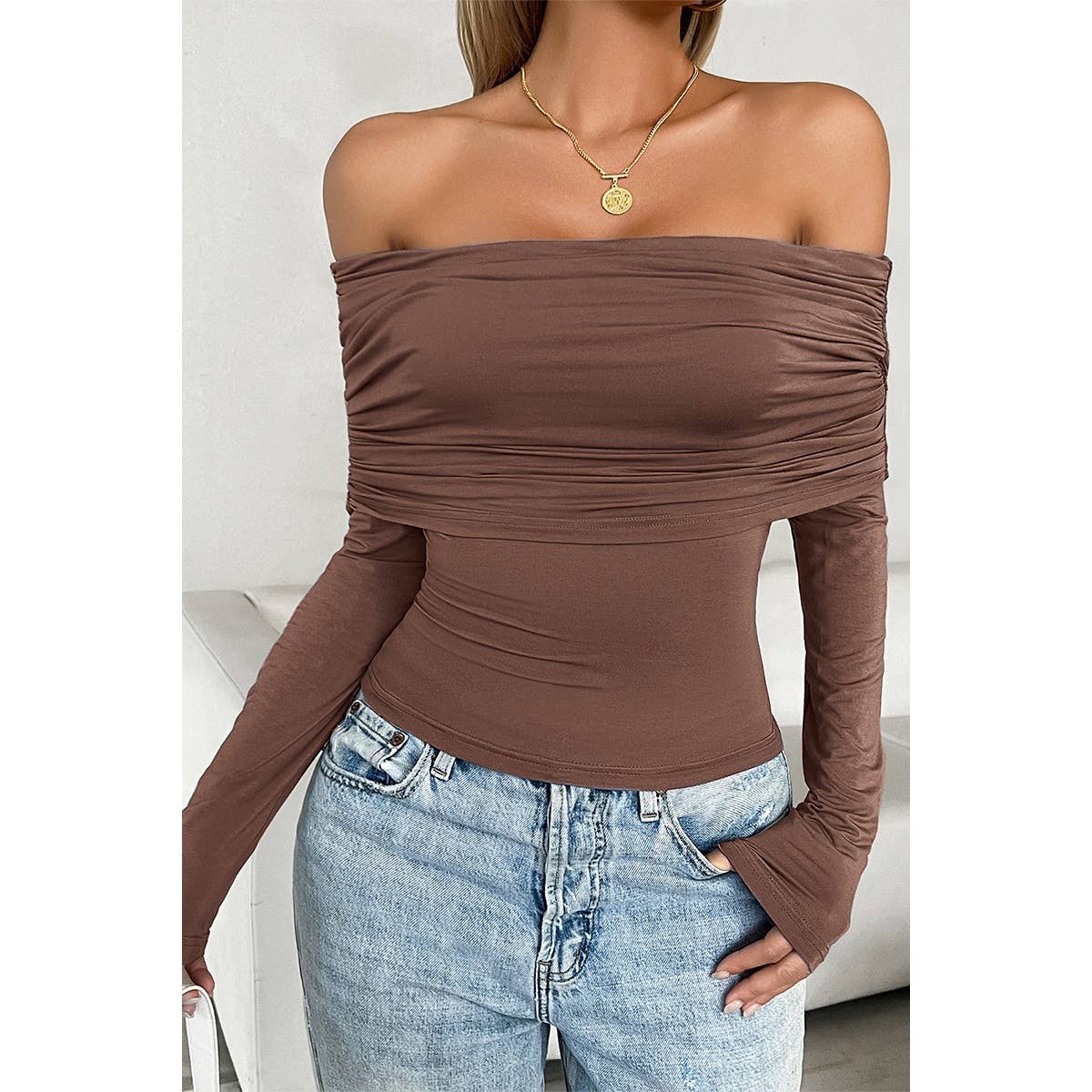 Off Shoulder Ruched Solid Elastic Fit Top - MVTFASHION.COM