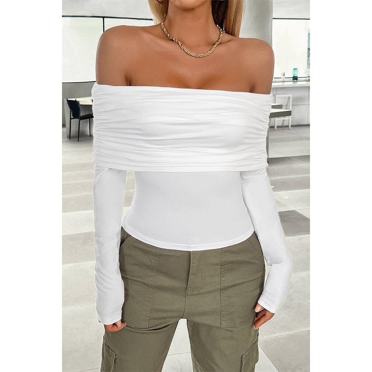 Off Shoulder Ruched Solid Elastic Fit Top - MVTFASHION.COM