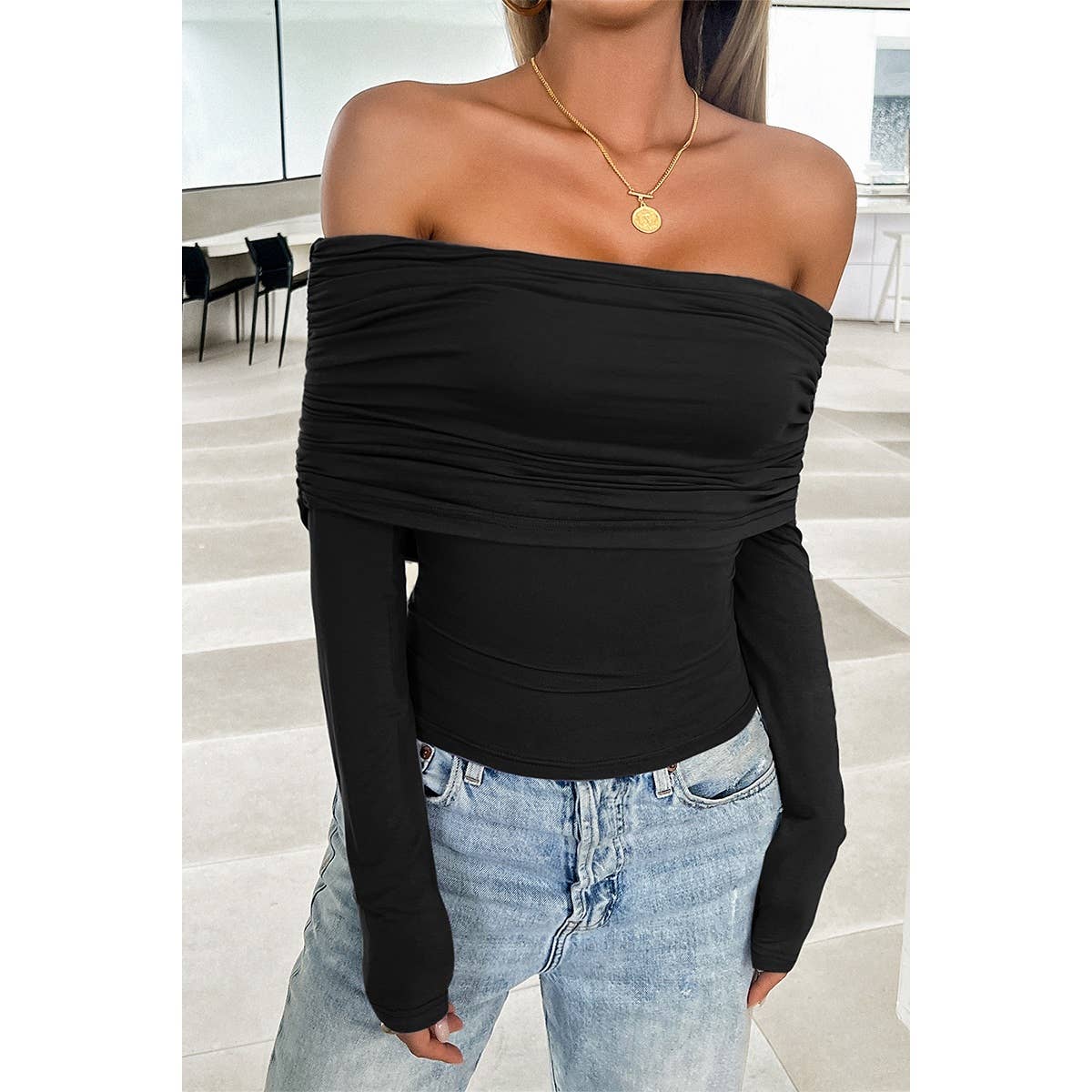 Off Shoulder Ruched Solid Elastic Fit Top - MVTFASHION.COM