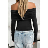 Off Shoulder Ruched Solid Elastic Fit Top - MVTFASHION.COM