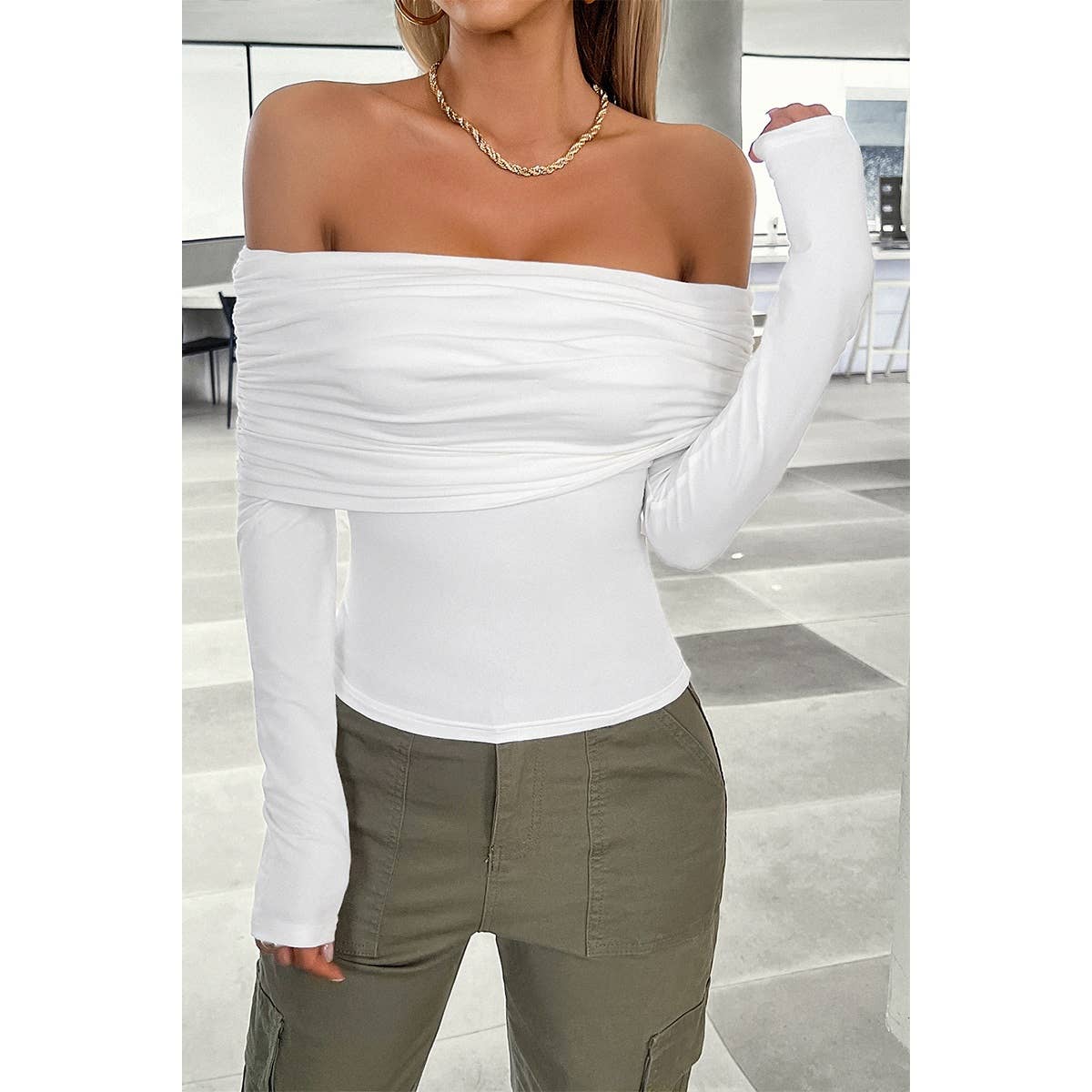 Off Shoulder Ruched Solid Elastic Fit Top - MVTFASHION.COM