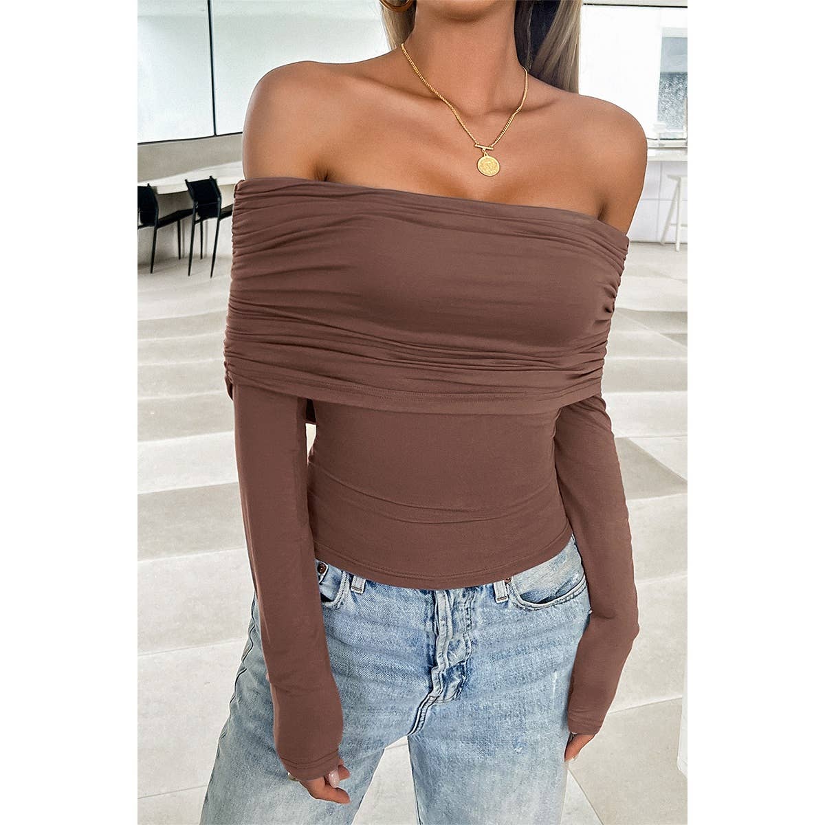 Off Shoulder Ruched Solid Elastic Fit Top - MVTFASHION.COM