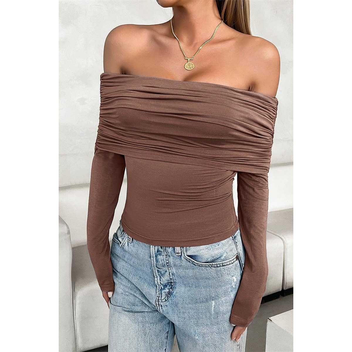 Off Shoulder Ruched Solid Elastic Fit Top - MVTFASHION.COM