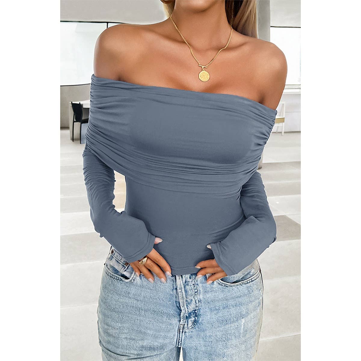 Off Shoulder Ruched Solid Elastic Fit Top - MVTFASHION.COM