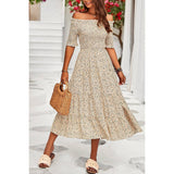 Off Shoulder Shirred Ditsy Floral Print Dress - MVTFASHION.COM