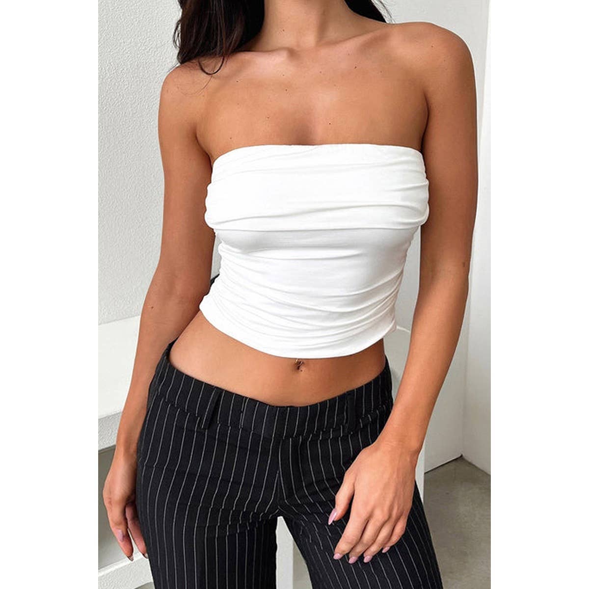 Off Shoulder Sleeveless Ruched Fit Tube Top - MVTFASHION.COM