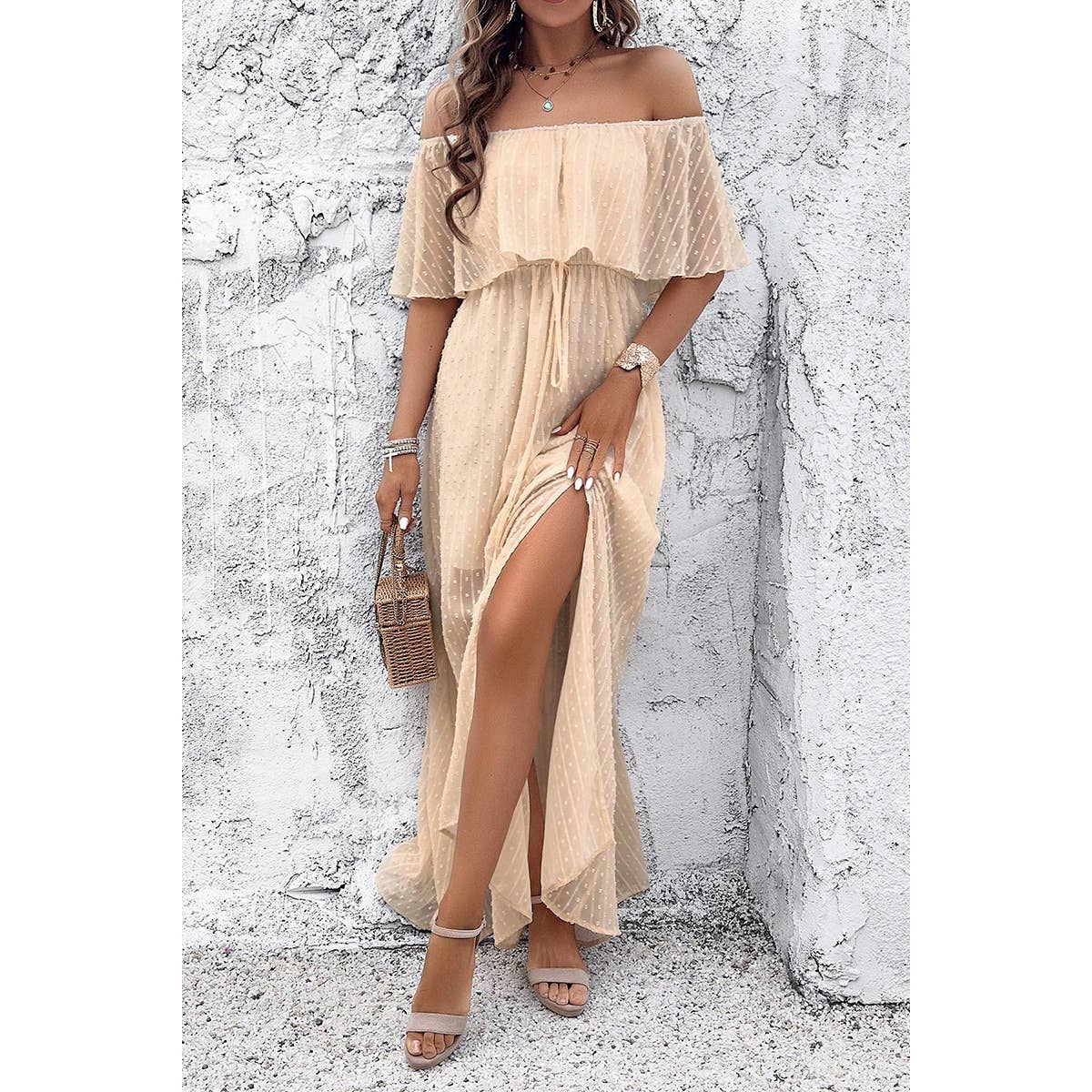 Off Shoulder Solid Dot Ruffle Lined Full Dress - MVTFASHION.COM