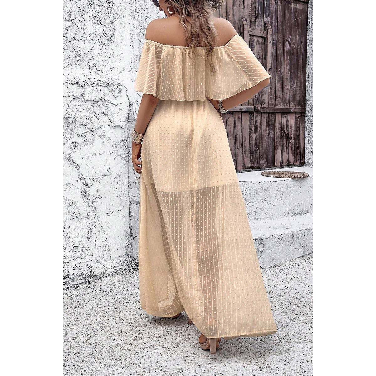 Off Shoulder Solid Dot Ruffle Lined Full Dress - MVTFASHION.COM