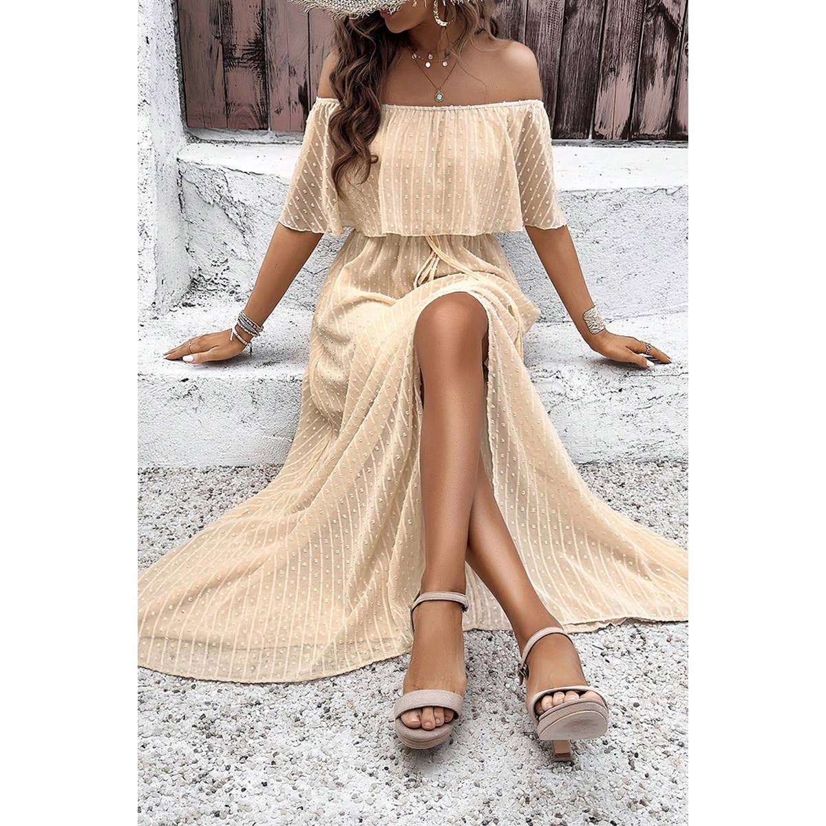 Off Shoulder Solid Dot Ruffle Lined Full Dress - MVTFASHION.COM