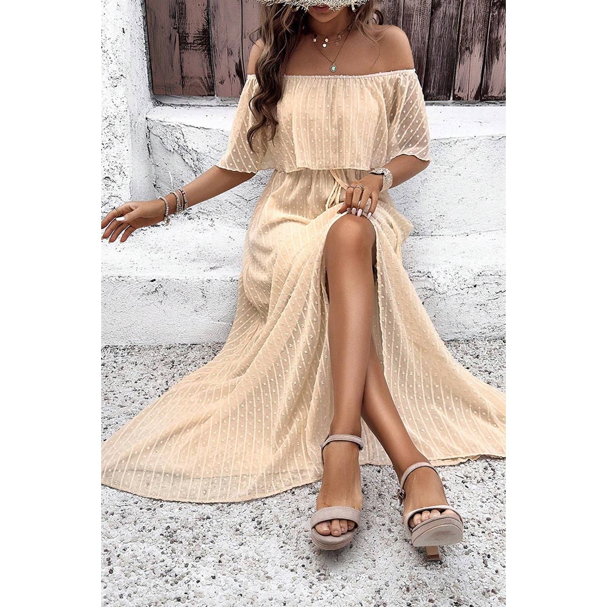 Off Shoulder Solid Dot Ruffle Lined Full Dress - MVTFASHION.COM