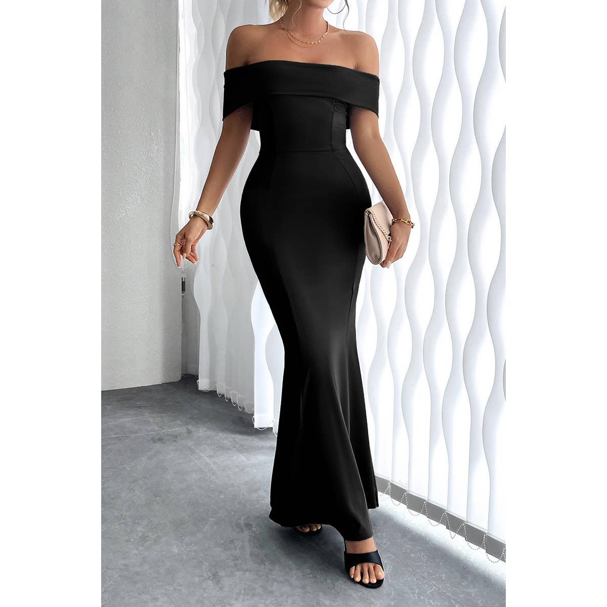 Off Shoulder Solid Fit Bodycon Full Dress - MVTFASHION.COM