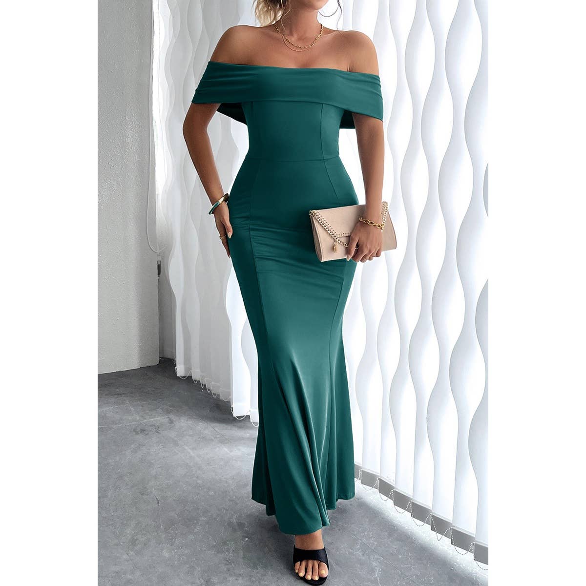 Off Shoulder Solid Fit Bodycon Full Dress - MVTFASHION.COM