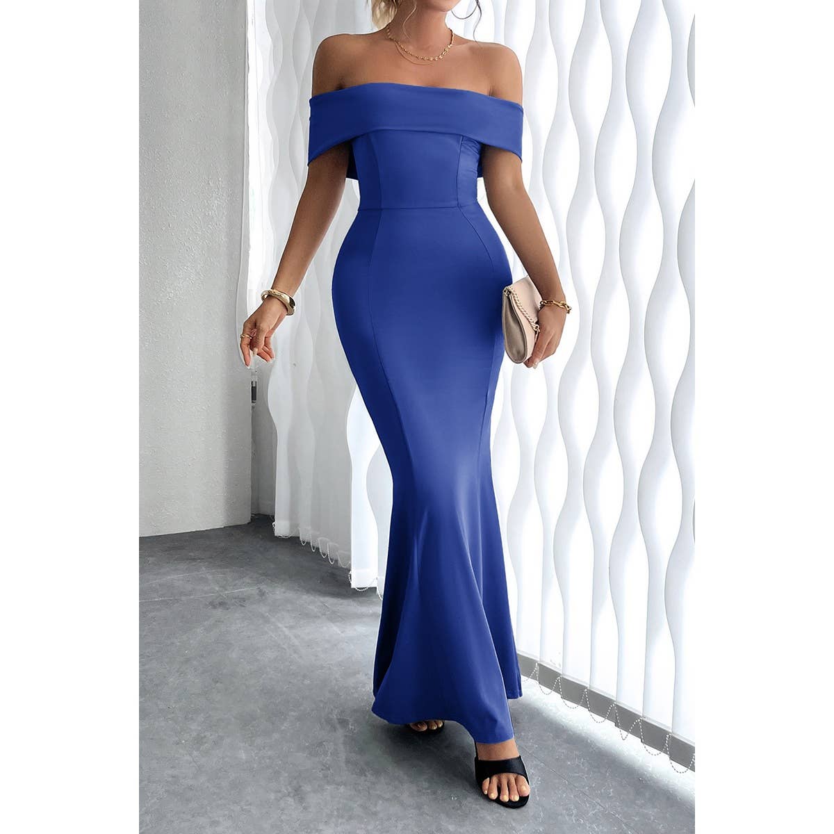 Off Shoulder Solid Fit Bodycon Full Dress - MVTFASHION.COM