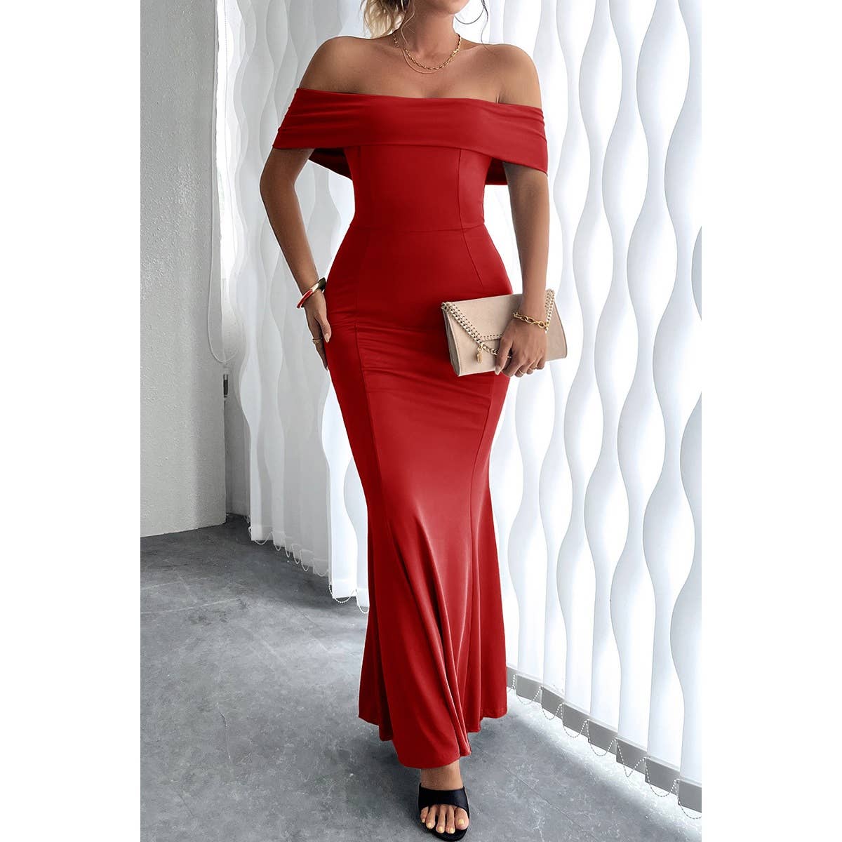 Off Shoulder Solid Fit Bodycon Full Dress - MVTFASHION.COM