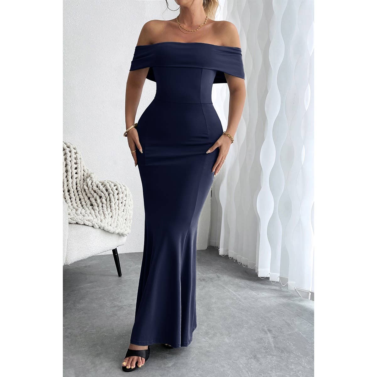 Off Shoulder Solid Fit Bodycon Full Dress - MVTFASHION.COM