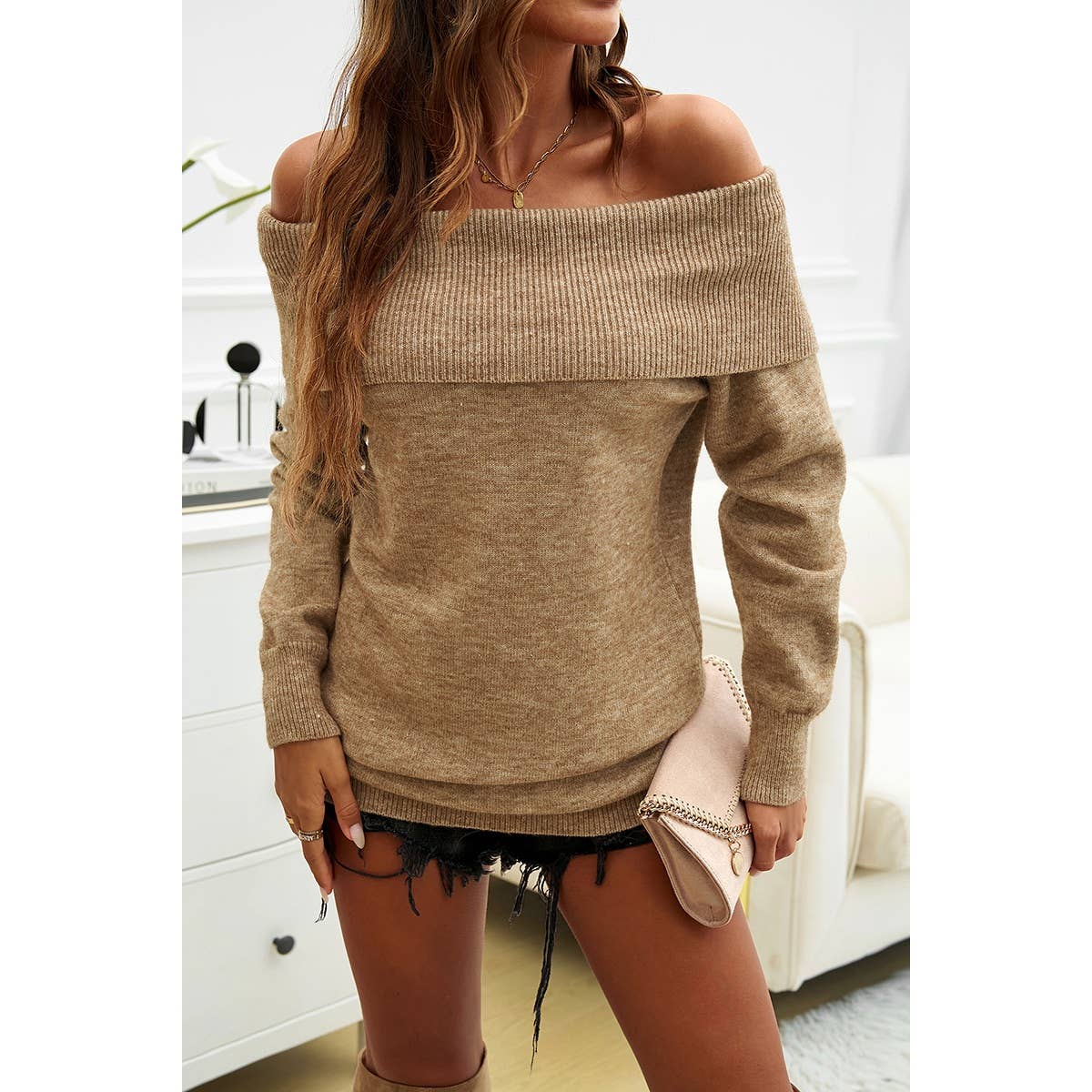 Off Shoulder Solid Knitted Loose Pullover Sweater - MVTFASHION.COM