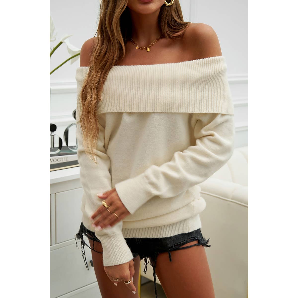 Off Shoulder Solid Knitted Loose Pullover Sweater - MVTFASHION.COM