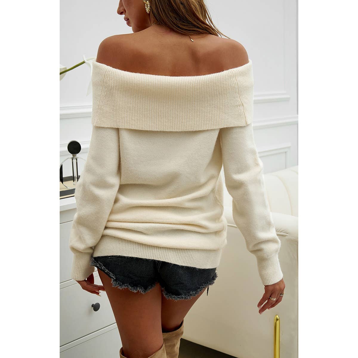 Off Shoulder Solid Knitted Loose Pullover Sweater - MVTFASHION.COM