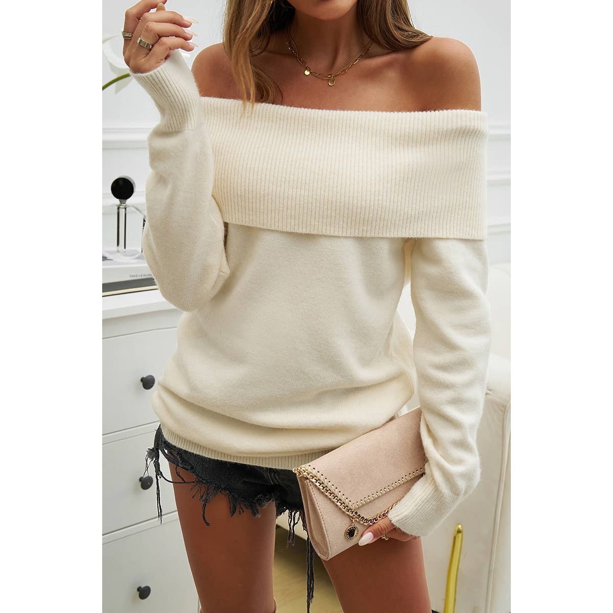 Off Shoulder Solid Knitted Loose Pullover Sweater - MVTFASHION.COM