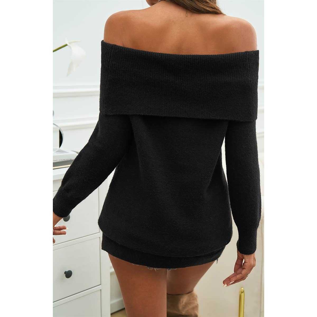 Off Shoulder Solid Knitted Loose Pullover Sweater - MVTFASHION.COM