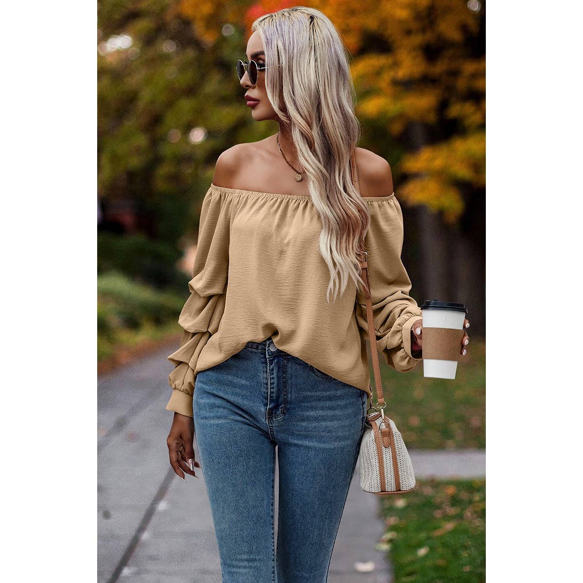 Off Shoulder Solid Ruched Sleeves Loose Fit Top - MVTFASHION.COM