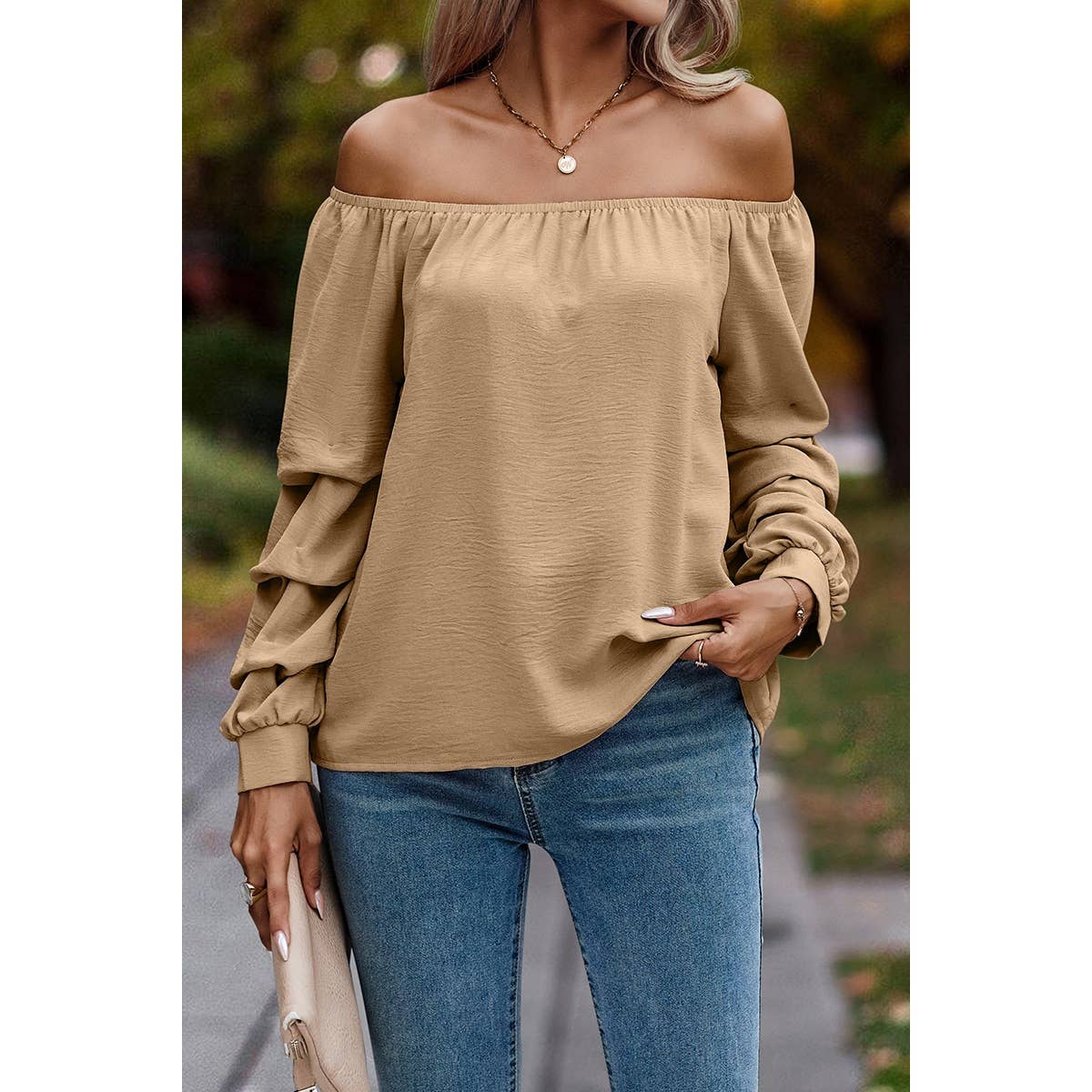 Off Shoulder Solid Ruched Sleeves Loose Fit Top - MVTFASHION.COM