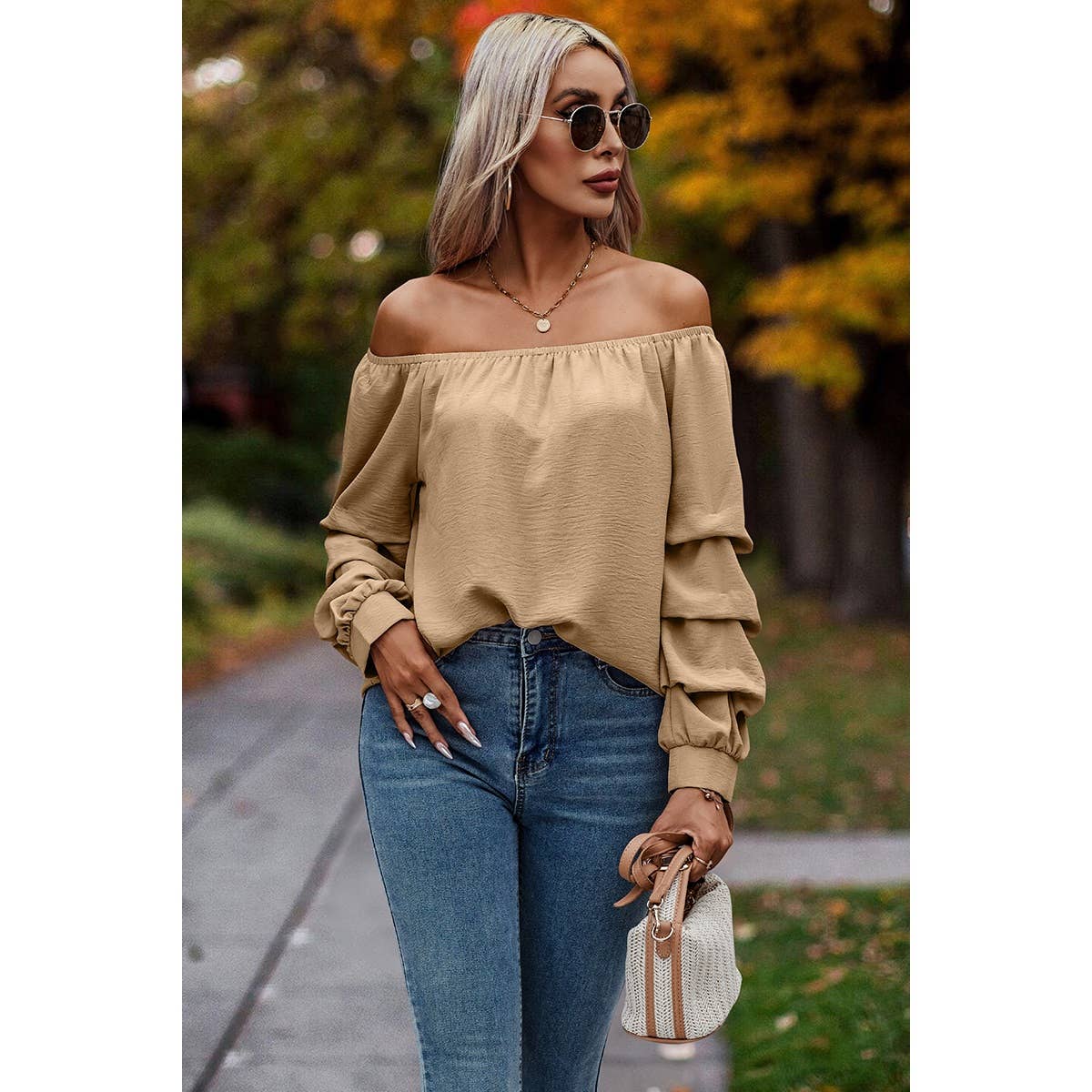 Off Shoulder Solid Ruched Sleeves Loose Fit Top - MVTFASHION.COM