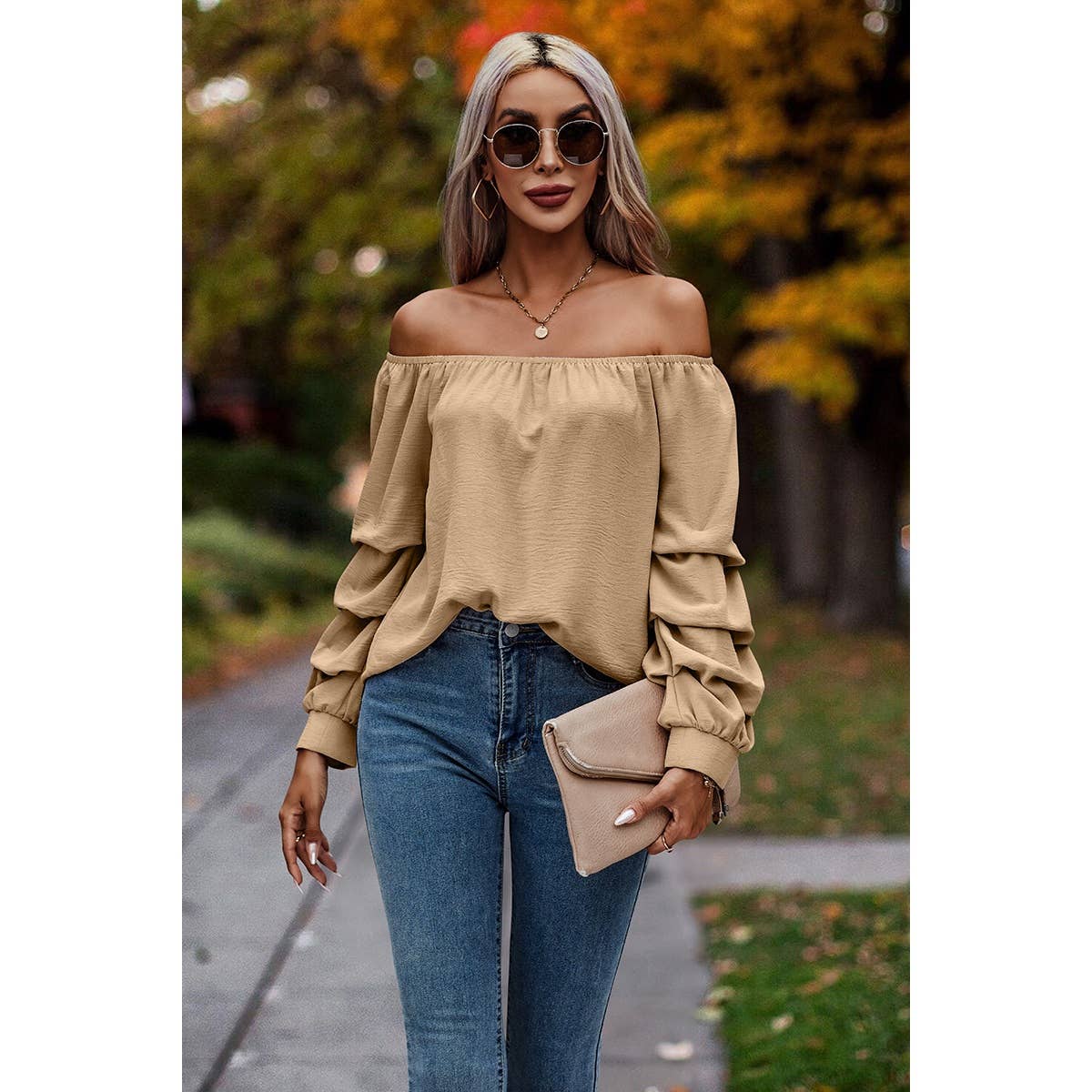 Off Shoulder Solid Ruched Sleeves Loose Fit Top - MVTFASHION.COM