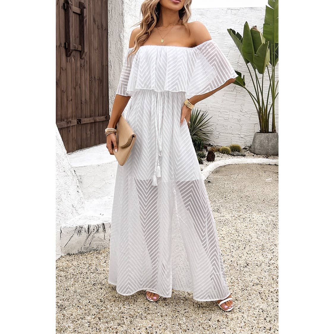 Off Shoulder Solid Tassel Ruffle Trim Split Dress - MVTFASHION.COM