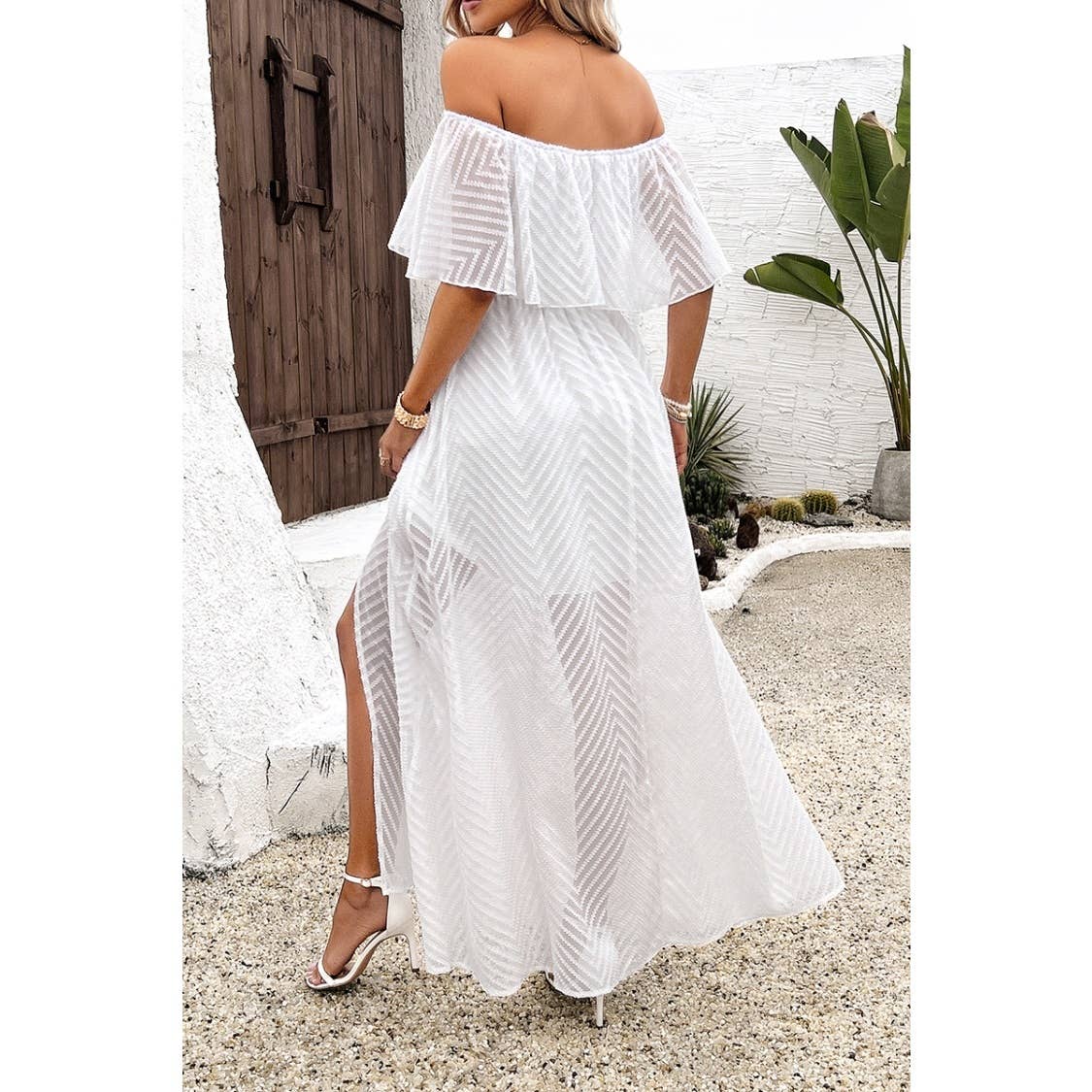 Off Shoulder Solid Tassel Ruffle Trim Split Dress - MVTFASHION.COM