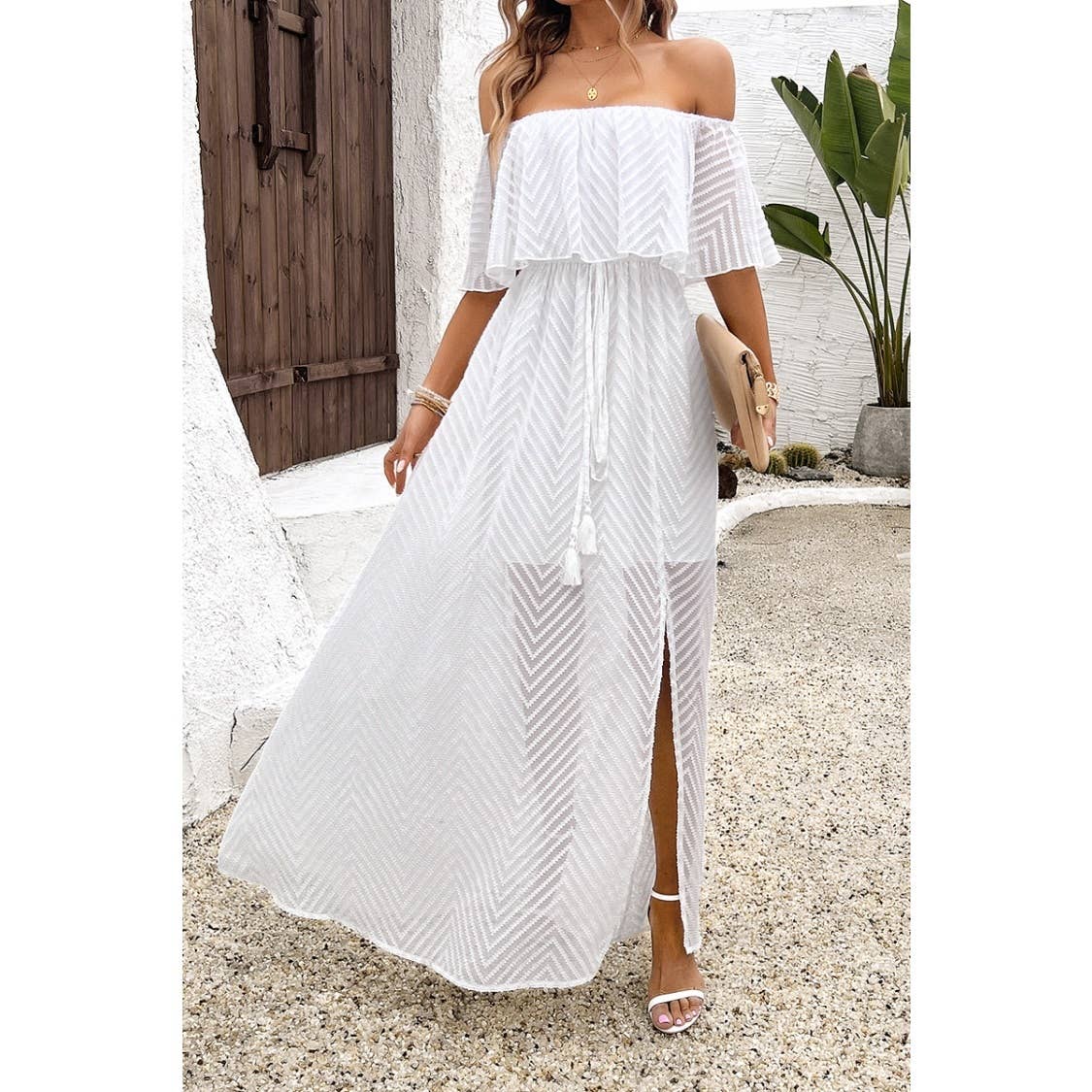 Off Shoulder Solid Tassel Ruffle Trim Split Dress - MVTFASHION.COM