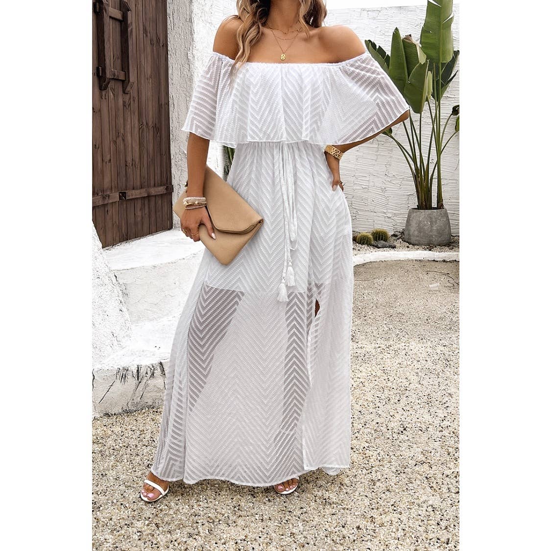 Off Shoulder Solid Tassel Ruffle Trim Split Dress - MVTFASHION.COM