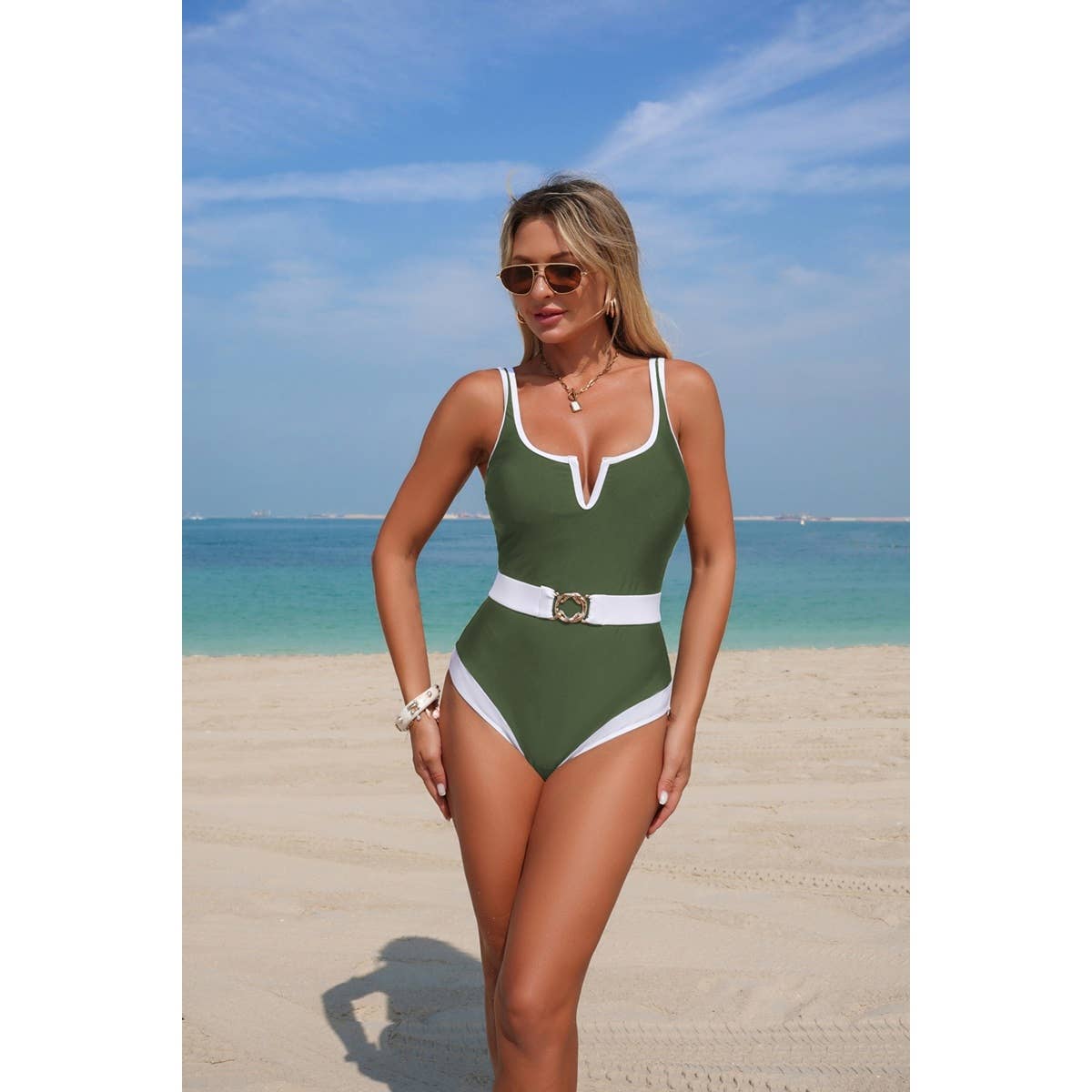 One Piece Color Block Metal Buckle Belt Swimsuit - MVTFASHION.COM