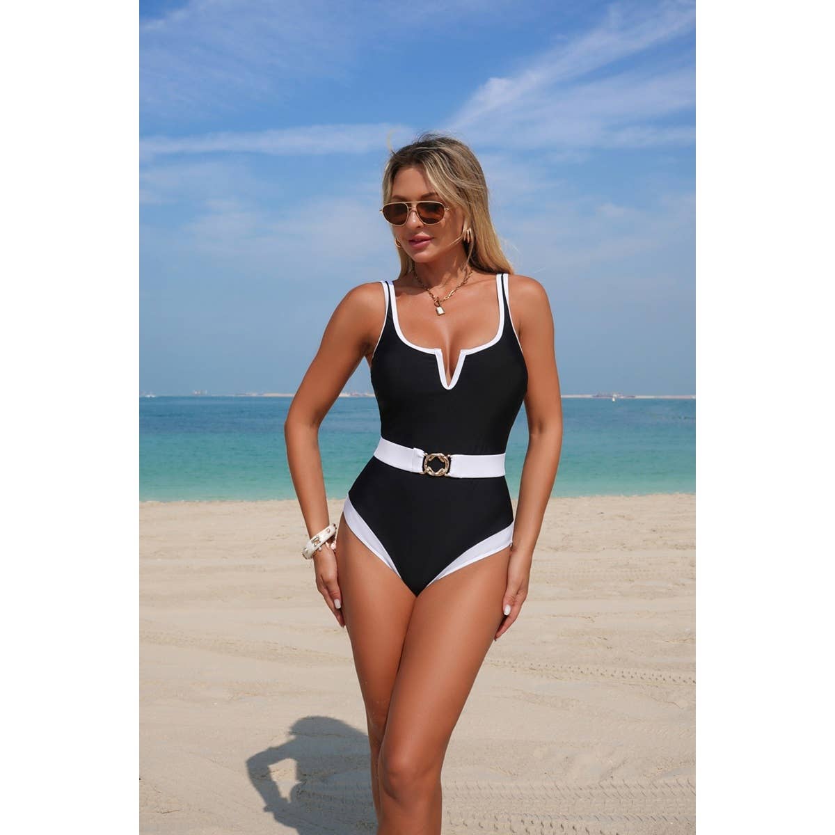One Piece Color Block Metal Buckle Belt Swimsuit - MVTFASHION.COM