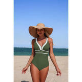 One Piece Color Block V Neck Stretch Swimsuit - MVTFASHION.COM