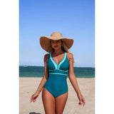 One Piece Color Block V Neck Stretch Swimsuit - MVTFASHION.COM